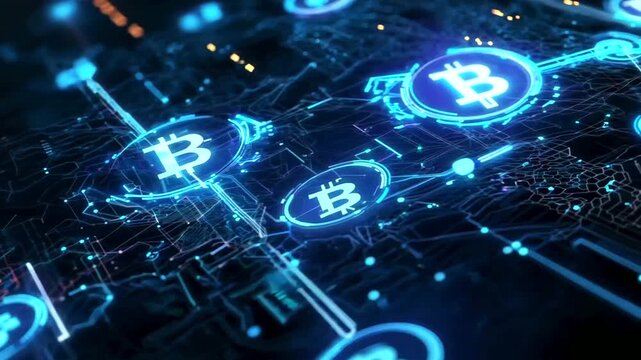 A 3D rendering of a global network with blue neon symbols of various fiat currencies
