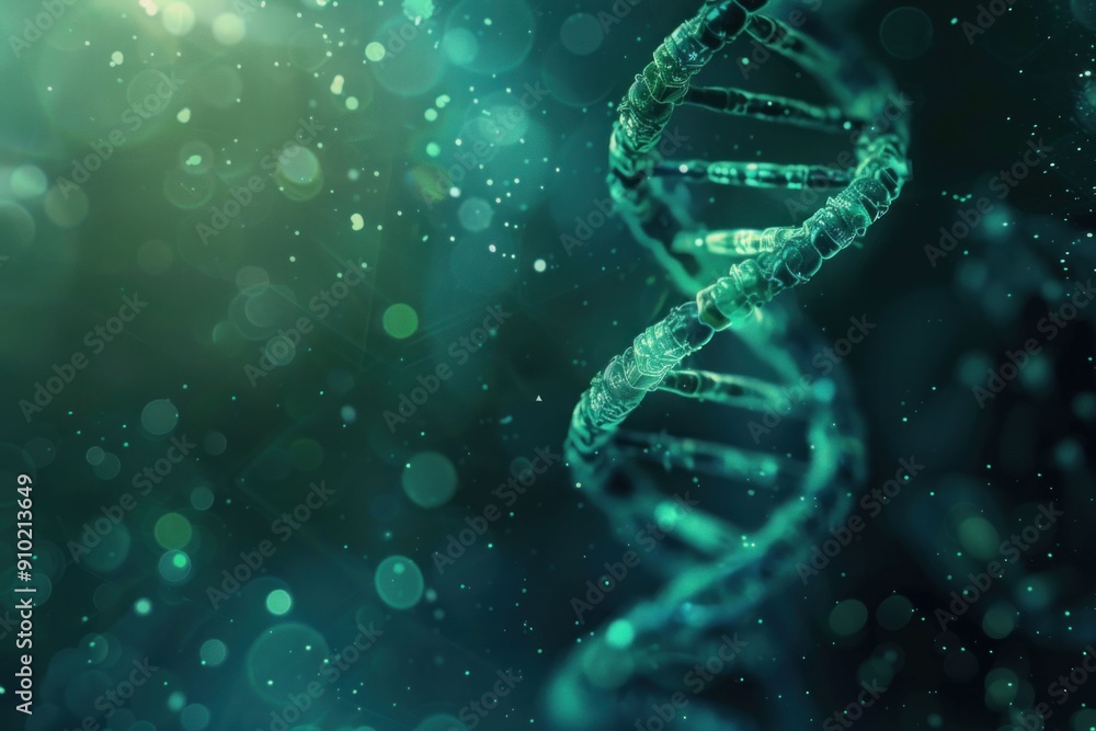 Poster abstract representation of dna structure with glowing particles in the background, showcasing geneti
