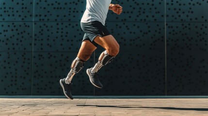 Person running with a prosthetic leg, emphasizing themes of athleticism, adaptability, and possibly overcoming adversity