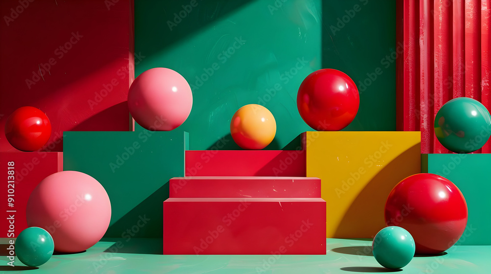 Poster 3d abstract background with colorful spheres and platforms