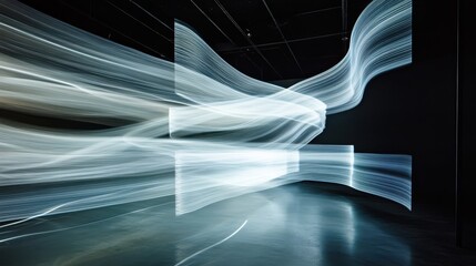 Light art installation featuring flowing, ethereal light patterns