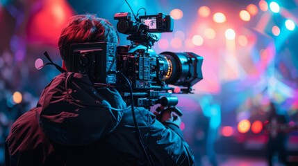 A professional cameraman seated behind a massive TV camera
