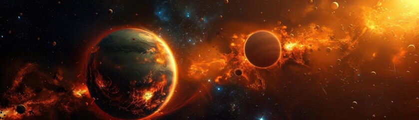 Obraz premium An intense space scene featuring burning planets surrounded by glowing gases and cosmic debris, with a dark, starfilled background, capturing the awe and vastness of the universe