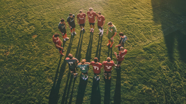 A soccer coach gives a pep talk to a huddle of young players, captured from above on a sunlit field, casting long shadows.
