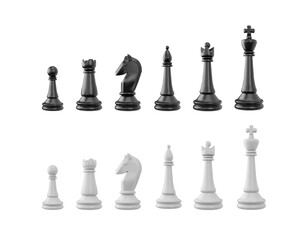 Set of chess pieces 3d vector, realistic black and white board game figures collection, chessmen, queen and king, horse