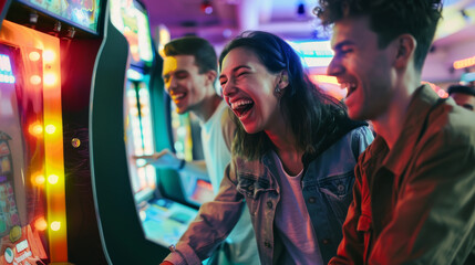 Obraz premium Friends laugh and enjoy playing arcade games, capturing vibrant energy and joy of a fun-filled night out.