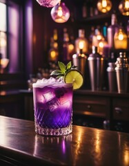 Cocktail drink on a wooden table in a bar on a dark background
