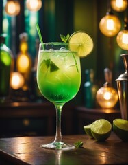 Cocktail drink on a wooden table in a bar on a dark background