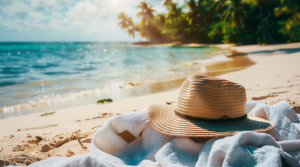 A straw hat rests on a white towel, basking in the serene beauty of a sun-kissed tropical beach with crystal clear waters.