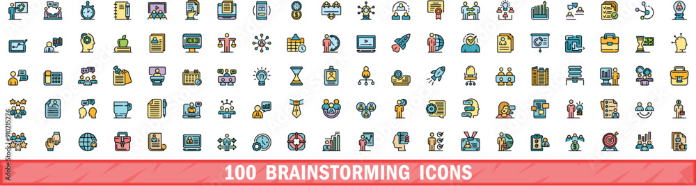 Poster 100 brainstorming icons set. color line set of brainstorming vector icons thin line color flat on wh