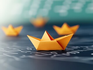 Bright yellow paper boats floating on a blue surface with mathematical equations