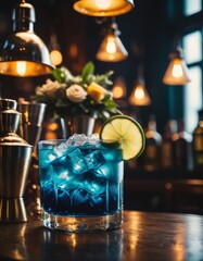 Cocktail drink on a wooden table in a bar on a dark background