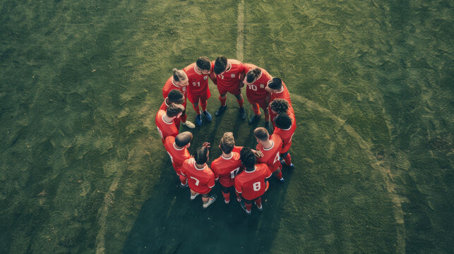 Aerial view of a soccer team huddled in a circle on a green field, wearing red uniforms and discussing strategy before the match.