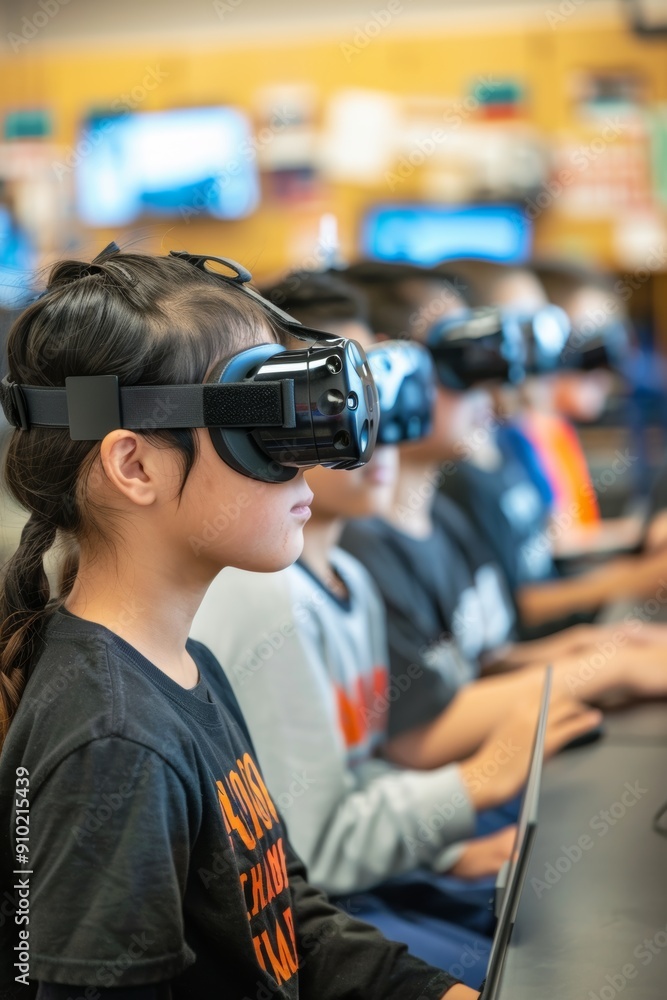 Poster middle school students using vr goggles in virtual robotics competition classroom technology