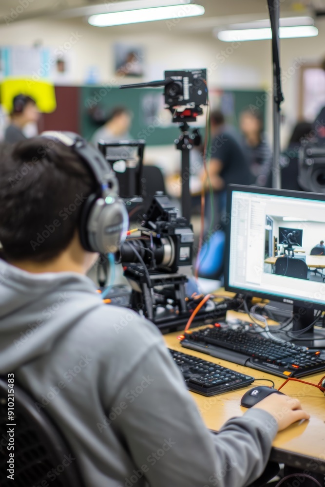 Poster students filming robotics project documentary using professional cameras and editing equipment