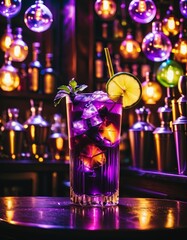 Cocktail drink on a wooden table in a bar on a dark background