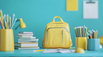 A desk in a school with pencils, books, and a yellow backpack on a blue background. It's a 3D image.