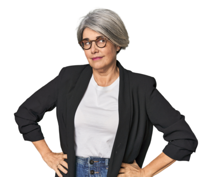 Caucasian mid-age female in business suit confused, feels doubtful and unsure.