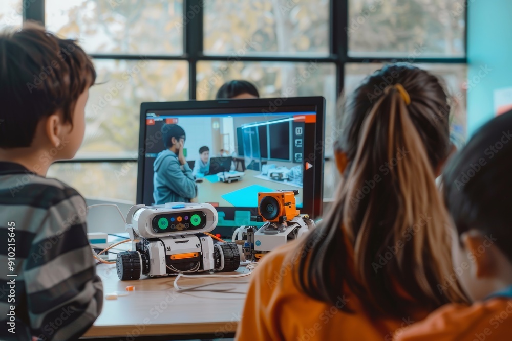Aufkleber students participating in online robotics competition presenting projects via video call
