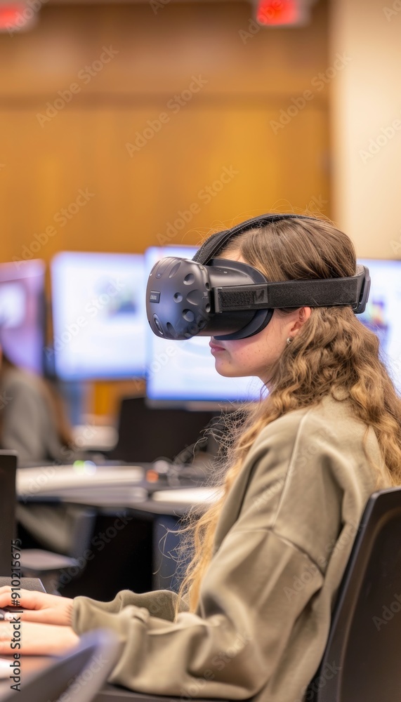 Poster students engaging in interactive virtual debate using vr headsets in modern classroom setting