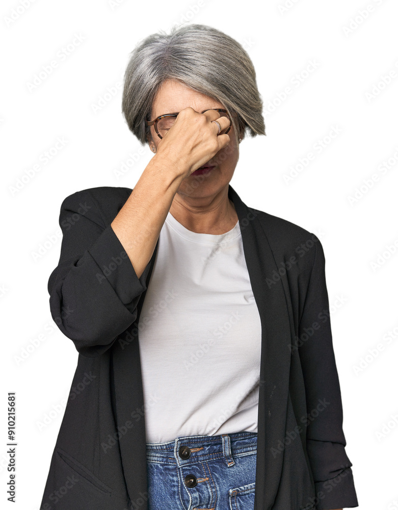 Sticker caucasian mid-age female in business suit having a head ache, touching front of the face.