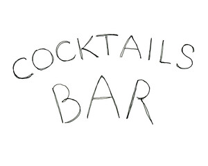 Cocktails bar black text. Drink word hand drawn lettering calligraphy. Modern line handwritten inscription. Illustration isolated on white background. Design print label alcohol menu offers restaurant