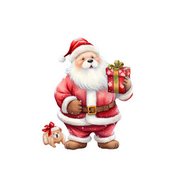 Cute Santa Claus holding a gift with a small dog in a red bow, perfect for festive holiday decor or greeting cards.