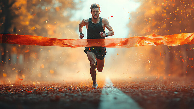 High-resolution photorealistic image of a runner crossing the finish line with tape and blurred track behind