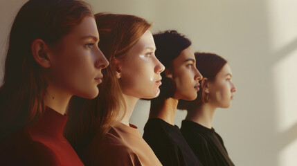 Fototapeta premium Four women stand in profile, side by side, in a soft light, creating a harmonious and powerful representation of unity and diversity.