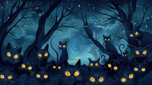 Halloween vector: black forest, glowing eyes of 20 cats, witch in starry night sky.