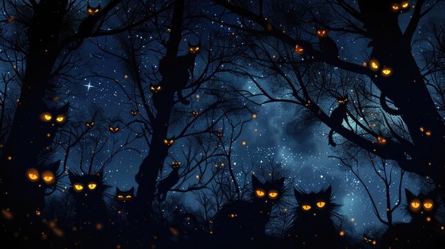Halloween vector: black forest, glowing eyes of 20 cats, witch in starry night sky.