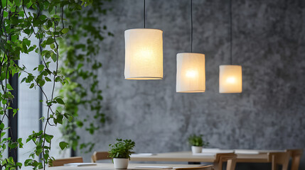 Restaurant interior with wooden furniture and stylish decor including tables, chairs, and lighting