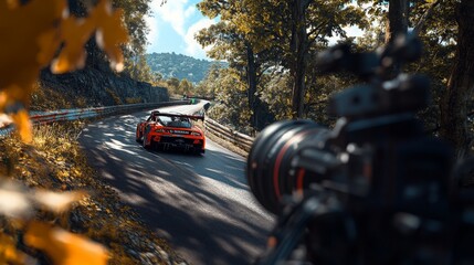 A vibrant racing car speeds along a twisting mountain road, framed by colorful autumn leaves and distant hills.
