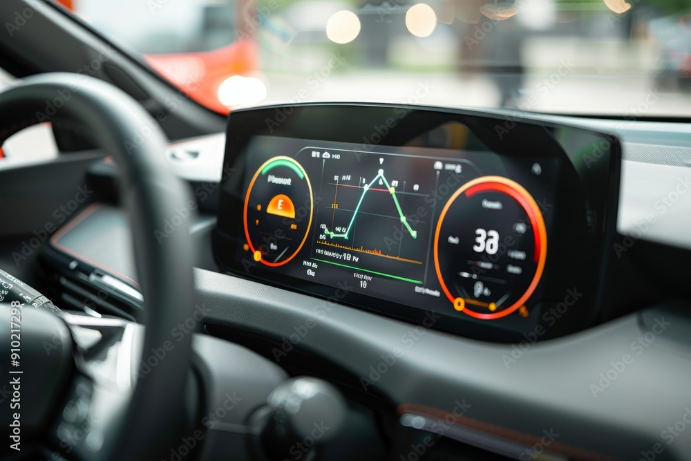 Aufkleber close-up of car dashboard with fuel efficiency metrics and driver adjusting for optimal performance