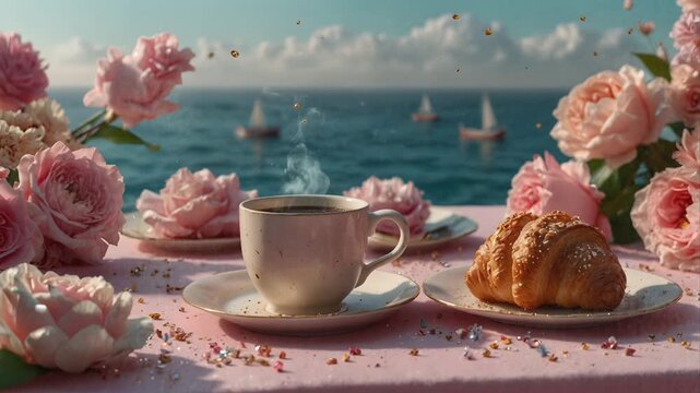 A cup of hot coffee and corned beef bread on the table with a beautiful beach background. Seamless 4K looping timelapse video animation generated AI