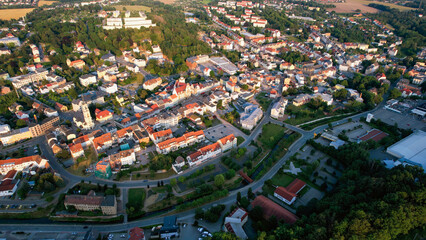 A panorama aerial view of the old town of Werdau in Germany, on a sunny day in early summer.