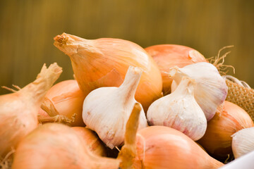 Onions on a wooden bokeh background
