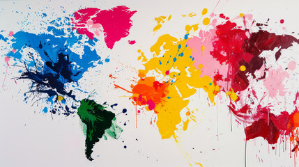 Fototapeta premium A world map overlaid with vibrant paint splashes in various colors, abstractly showcasing the diversity and interconnectedness of the globe.