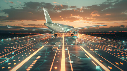 A futuristic airplane is ready for takeoff from a digitalized runway at sunset, conveying innovation in aviation technology.