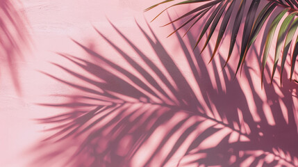 Obraz premium A soft silhouette of palm leaves casting delicate shadows on a pastel pink wall, evoking a tropical, dreamy atmosphere.