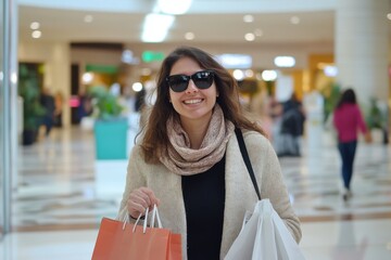 Smiling blind woman buying clothes in a shopping center on sales