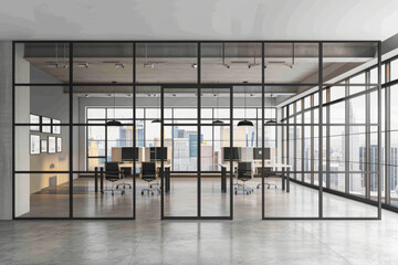 Minimalist office space with large glass partitions, modern furniture in natural light. Workplace in modern office. Work space in business corporation