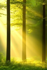 Golden sunbeams streaming through lush forest trees at dawn