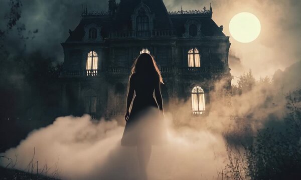 Woman silhouette stands before moonlit mansion, eerie, foggy night scene