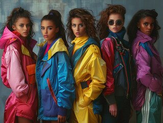 Five Models Displaying Vibrant 80s Fashion In Colorful Windbreakers During Urban Photoshoot