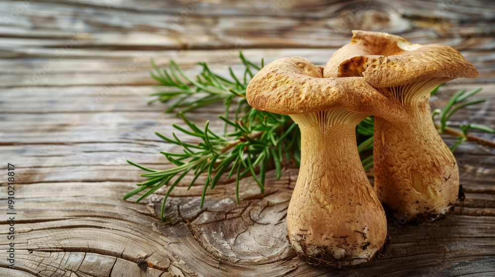 Wall mural Fresh mushrooms and rosemary sprigs rest on a rustic wooden surface, showcasing a natural, earthy culinary scene.