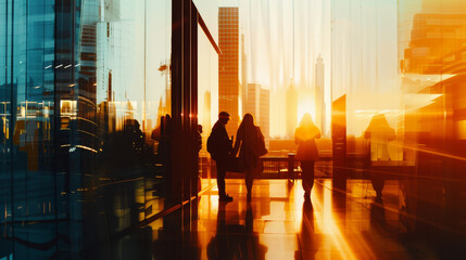 Glowing sunset reflects off the glass of a modern skyscraper as silhouetted figures interact within, creating a vivid urban panorama.