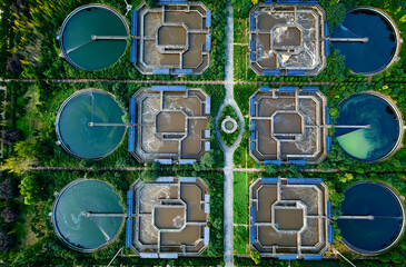 Aerial photography of industrial wastewater treatment plant pool