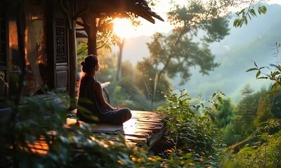 Serene Sunrise Meditation: Finding peace and tranquility amidst nature's embrace - a woman meditates at sunrise in a secluded jungle retreat. 