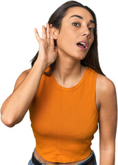 Hispanic young woman trying to listening a gossip.